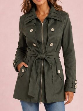 NWOT YA Los Angeles (Anthro) Army Green Ruffled Trench Coat